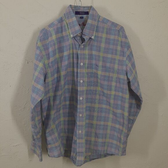 Alan Flusser Mens M Cotton Long Sleeve Button Up Plaid Dress Shirt Multi Color - Picture 1 of 8